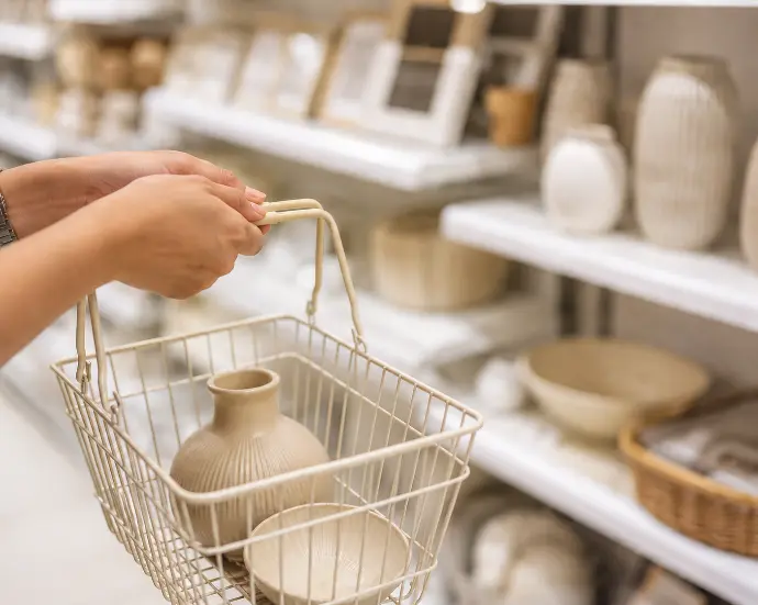 Hands carrying a small shopping basket inside a bright home goods retail aisle in Metro Manila, with vases, picture frames, and decorative bowls visible on the shelves.