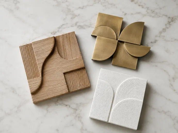 Three 3D wall art material samples arranged on a marble surface: carved natural wood panel, brushed brass metal sculpture, and textured white plaster art piece.